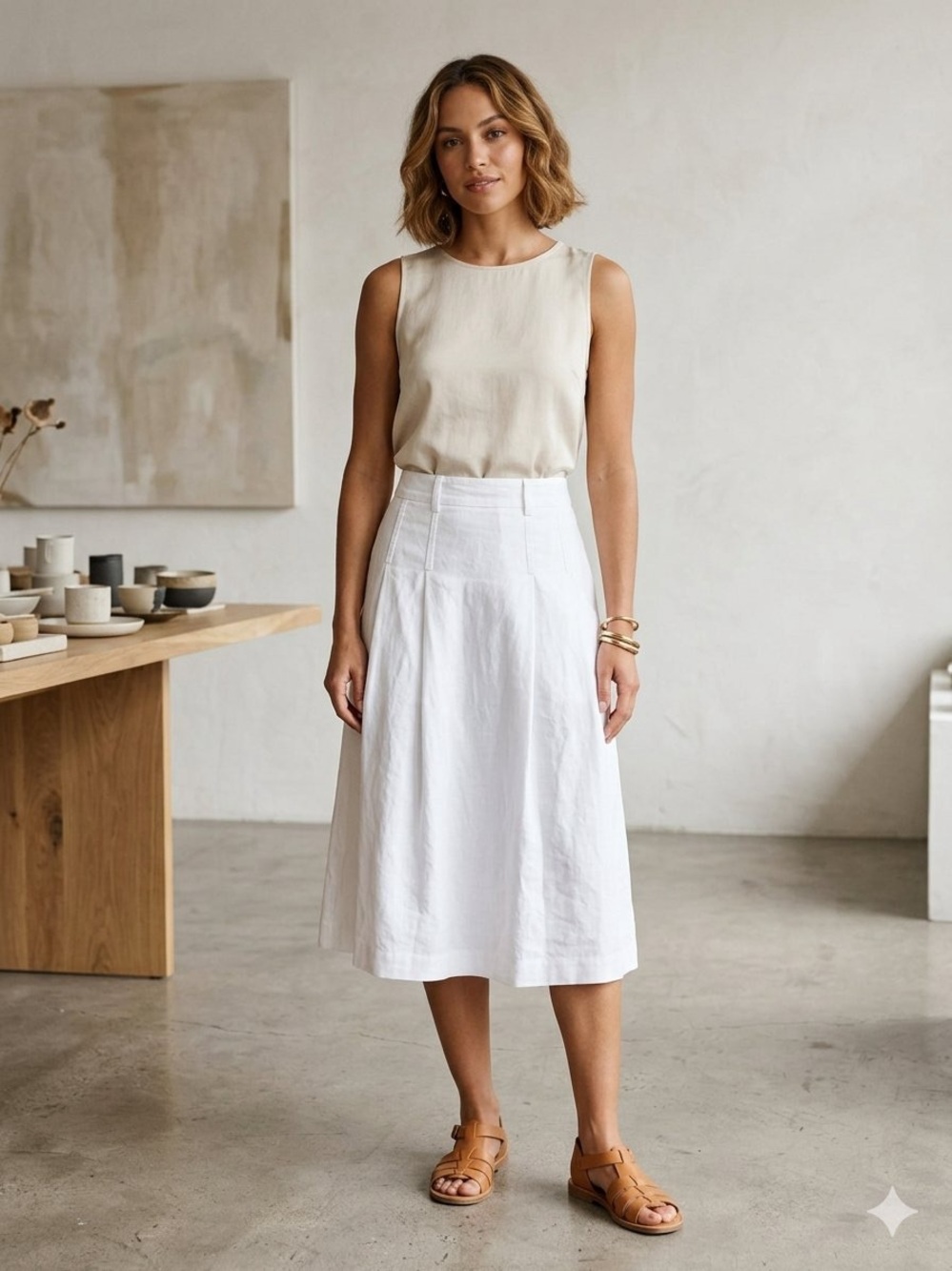 GAP White High-Waist A-Line Midi Skirt